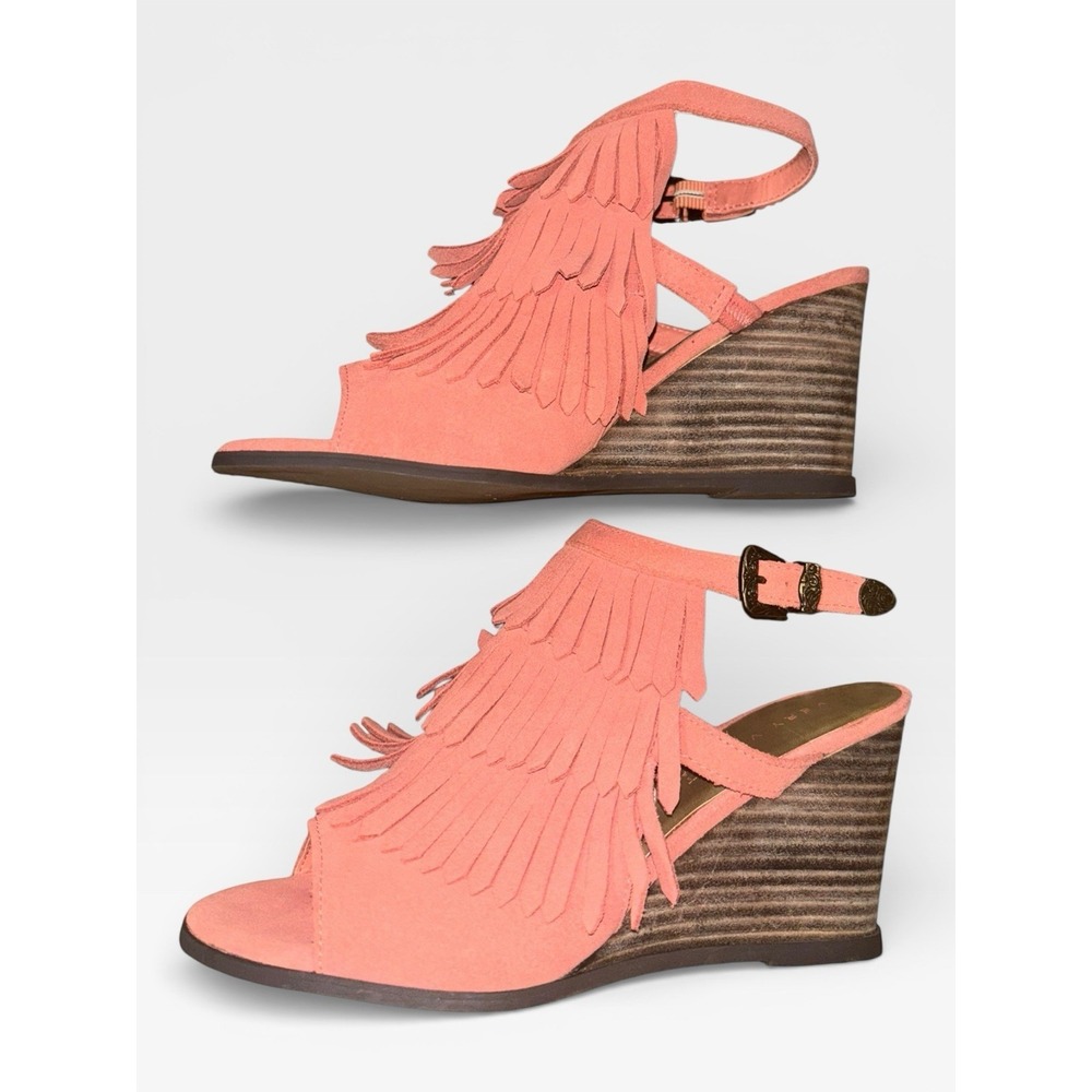 Very Volatile 7.5 Notion‎ Fringe Coral Suede Leather Wedge Sandals Boho Western - Picture 4 of 9
